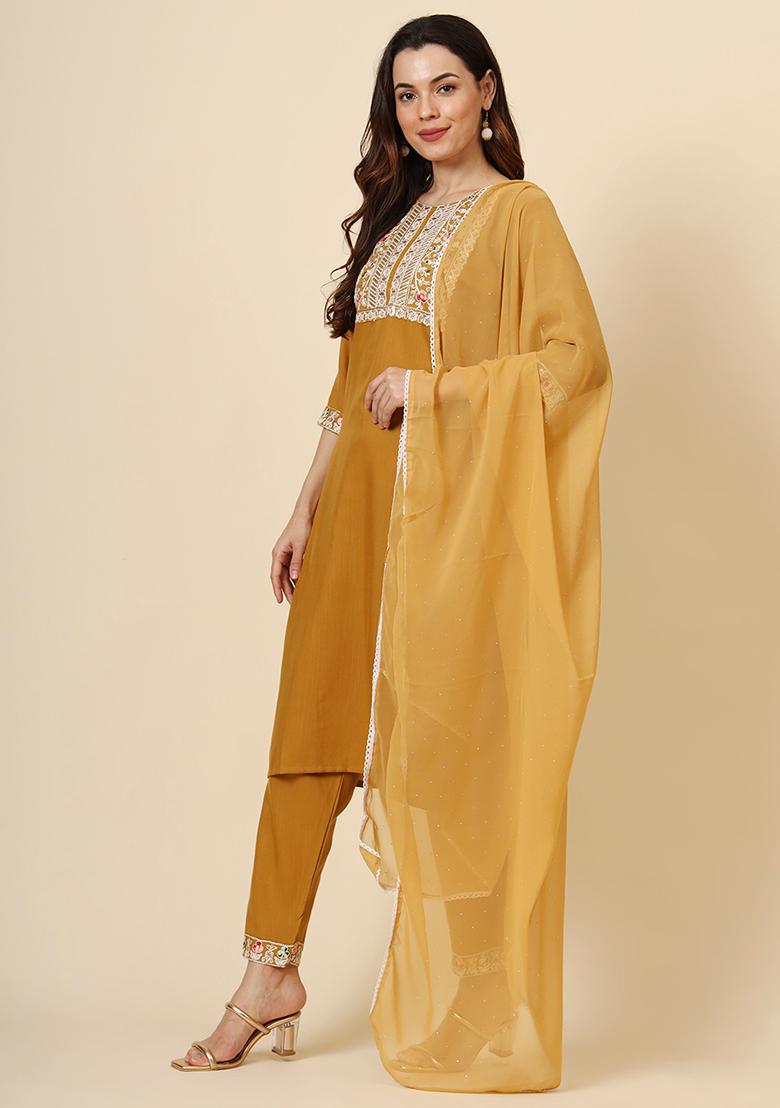 Mustard Resham Embroidered Cotton Kurta Set