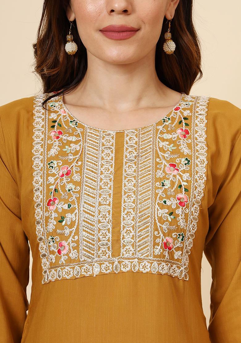 Mustard Resham Embroidered Cotton Kurta Set