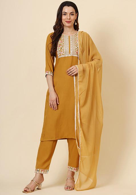 Mustard Resham Embroidered Cotton Kurta Set