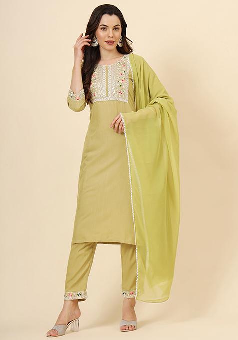 Green Resham Embroidered Cotton Kurta Set