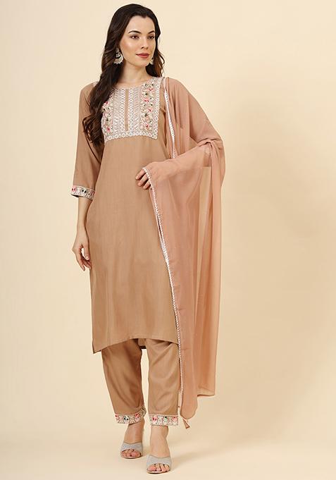 Peach Resham Embroidered Cotton Kurta Set