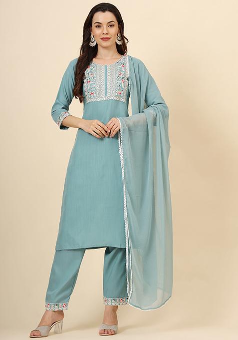 Blue Resham Embroidered Cotton Kurta Set