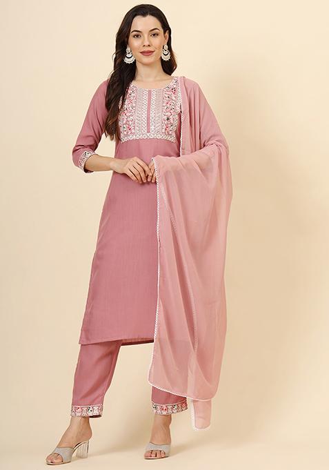 Pink Resham Embroidered Cotton Kurta Set