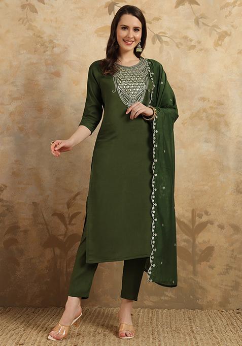 Green Resham Embroidered Chanderi Kurta Set