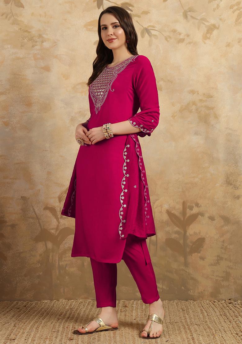 Pink Resham Embroidered Chanderi Kurta Set