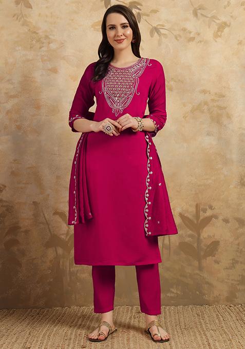 Pink Resham Embroidered Chanderi Kurta Set