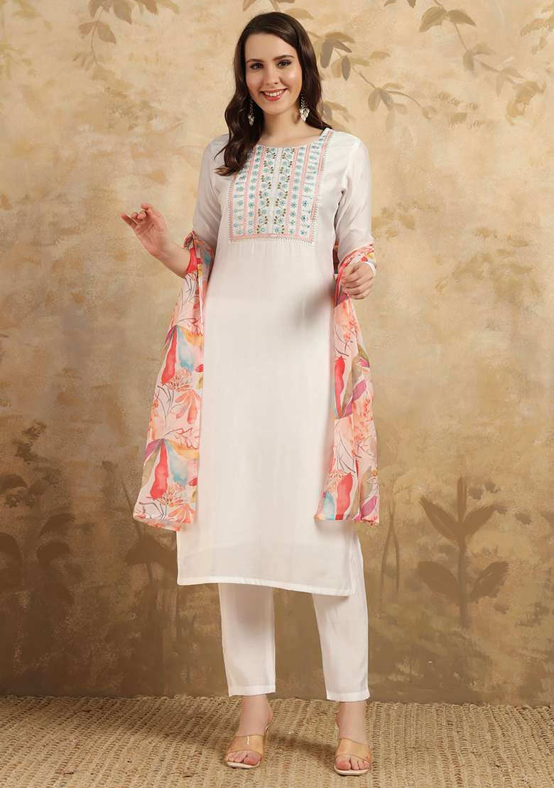 White Embroidered Chanderi Straight Kurta Set - Indya