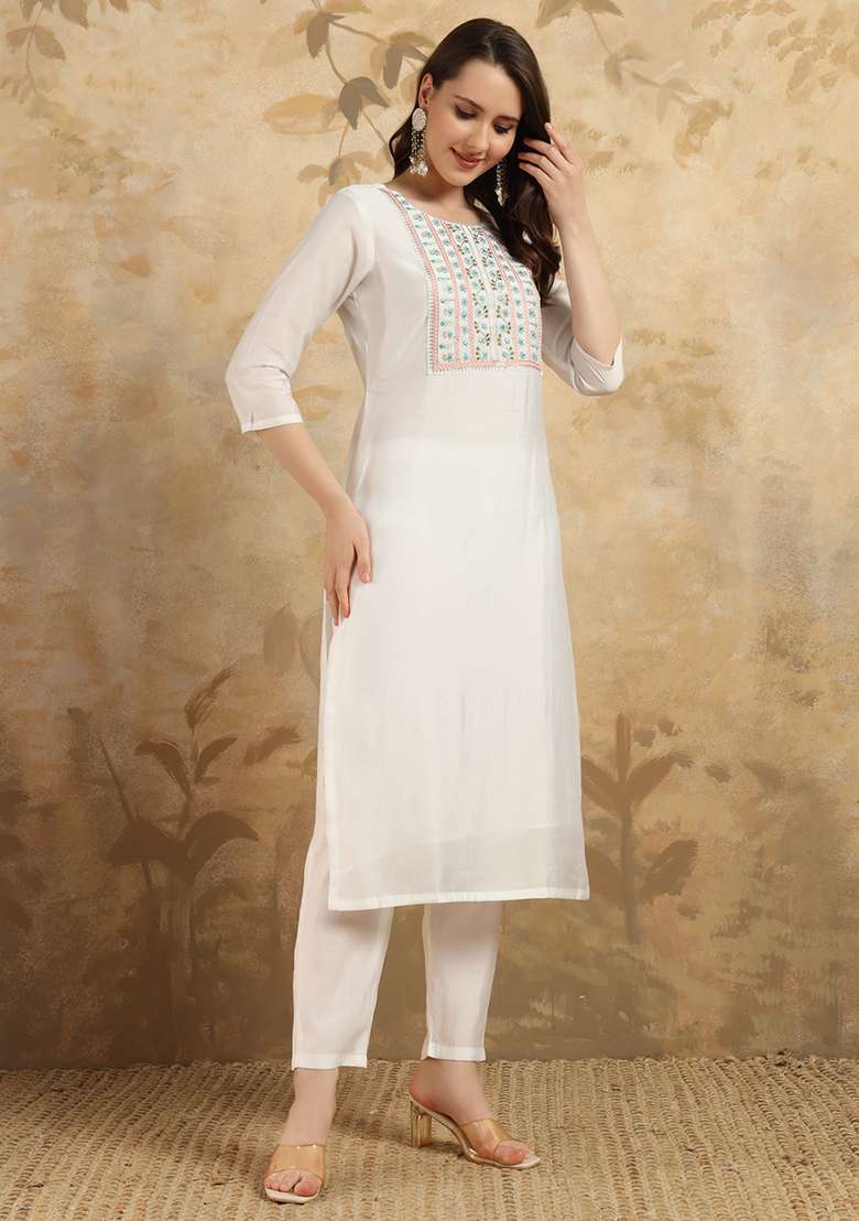 White Embroidered Chanderi Straight Kurta Set - Indya
