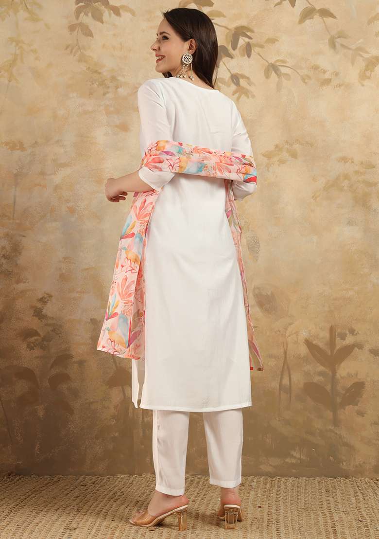 White Embroidered Chanderi Straight Kurta Set - Indya