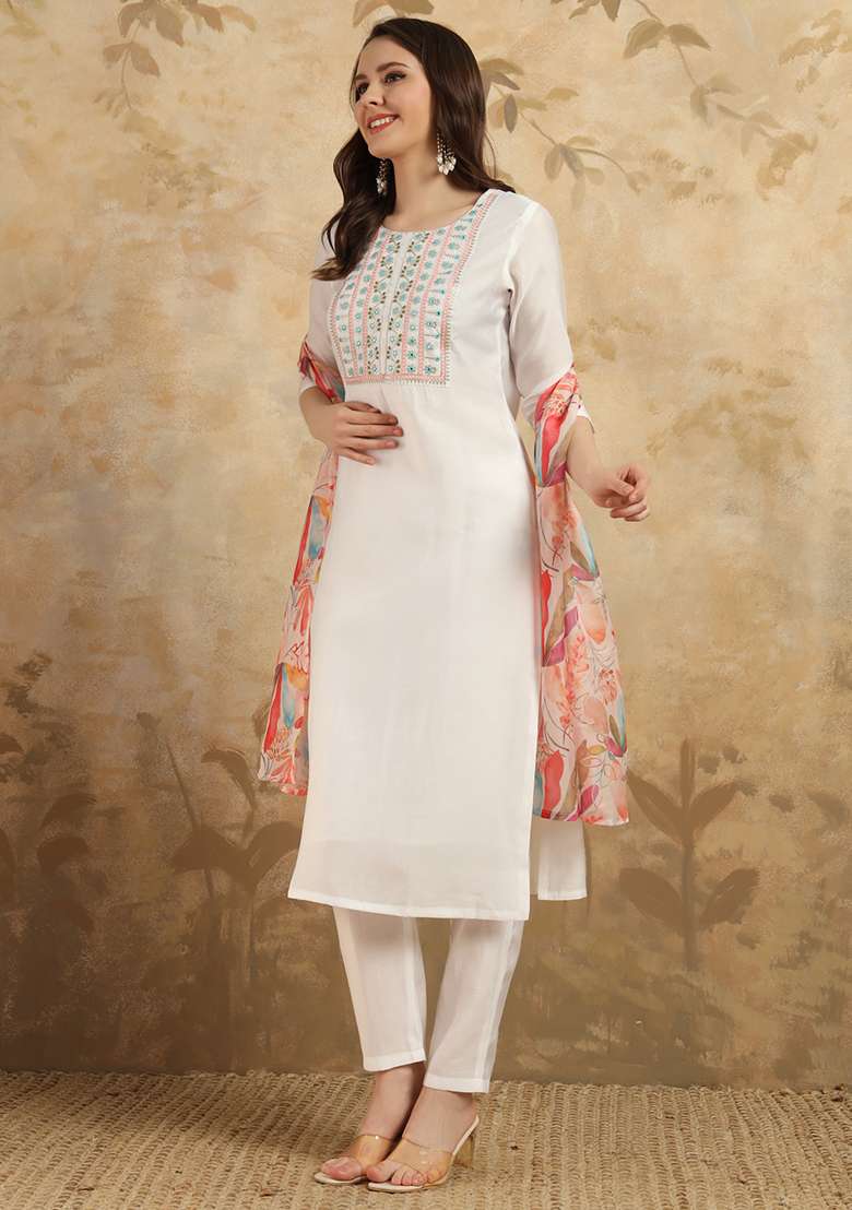 White Embroidered Chanderi Straight Kurta Set - Indya