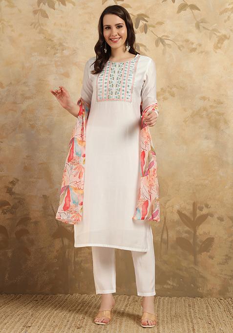 White Resham Embroidered Chanderi Kurta Set