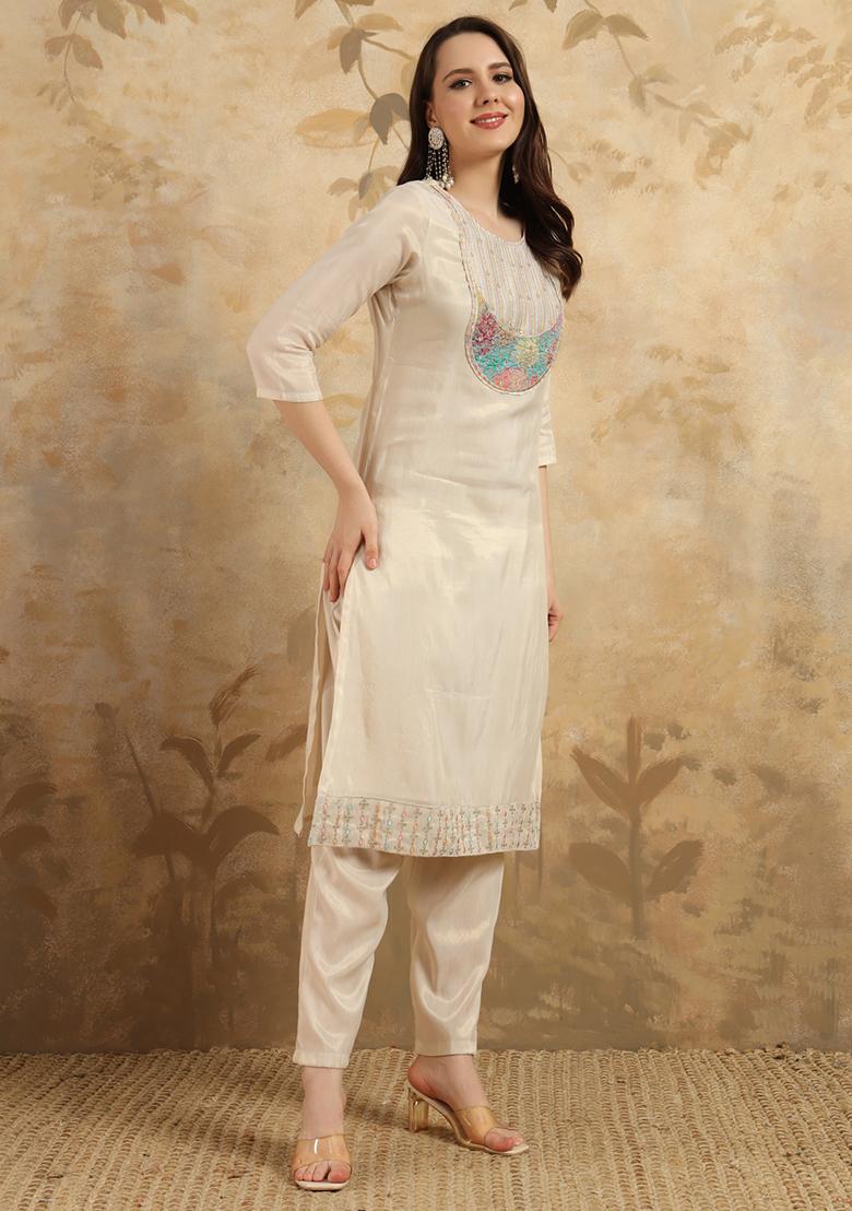 Beige Resham Embroidered Shimmer Kurta Set - Indya