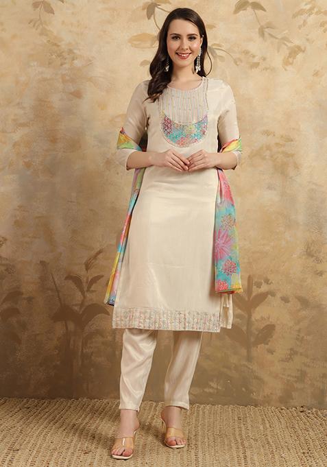 Beige Resham Embroidered Shimmer Kurta Set