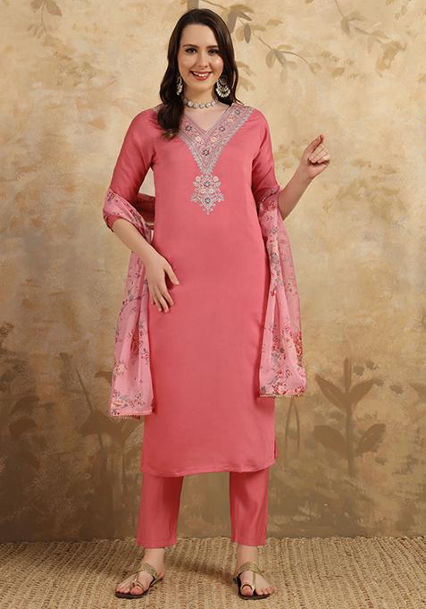 Pink Resham Embroidered Chanderi Kurta Set