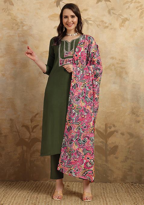 Green Resham Embroidered Chanderi Kurta Set