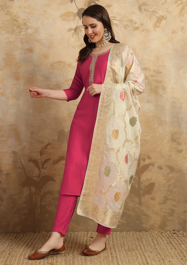 Red Resham Embroidered Chanderi Kurta Set