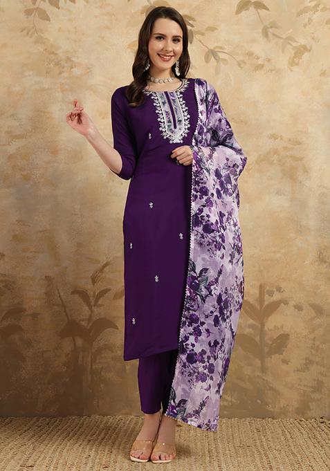 Wine Resham Embroidered Chanderi Kurta Set