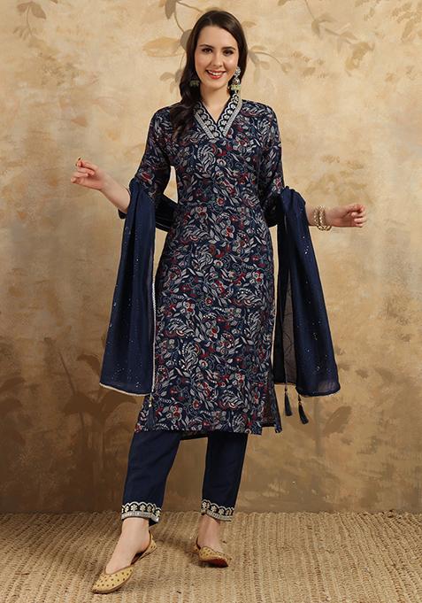 Navy Blue Resham Embroidered Chanderi Kurta Set