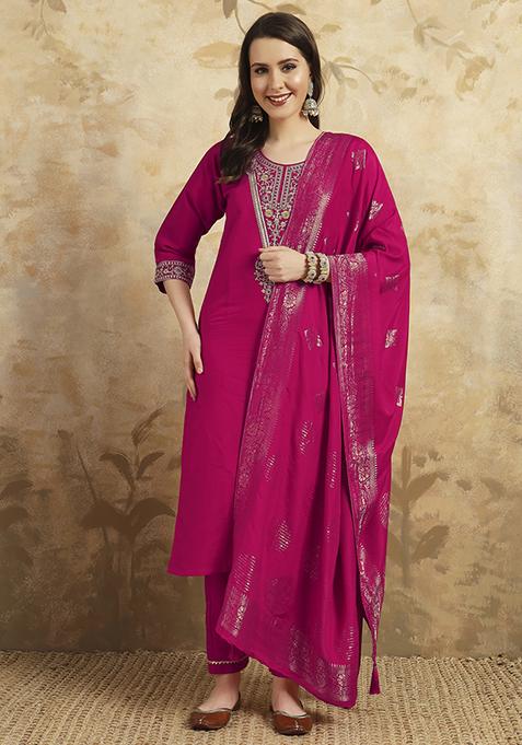 Pink Resham Embroidered Chanderi Kurta Set