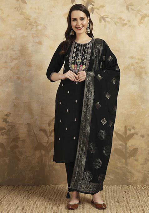 Black Resham Embroidered Chanderi Kurta Set