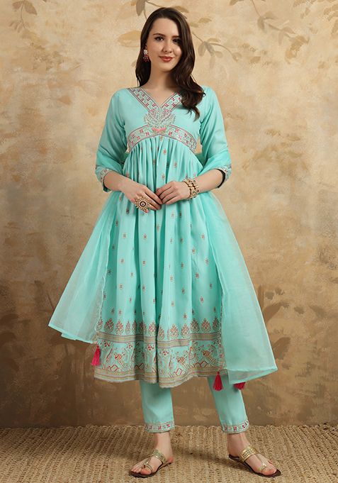 Sky Blue Resham Embroidered Rayon Kurta Set