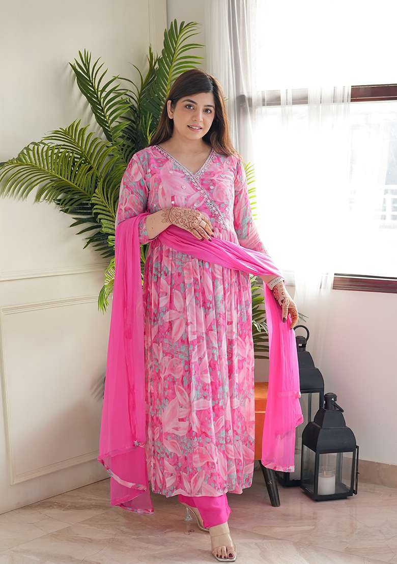 Pink Floral Print Georgette Anarkali Set - Indya