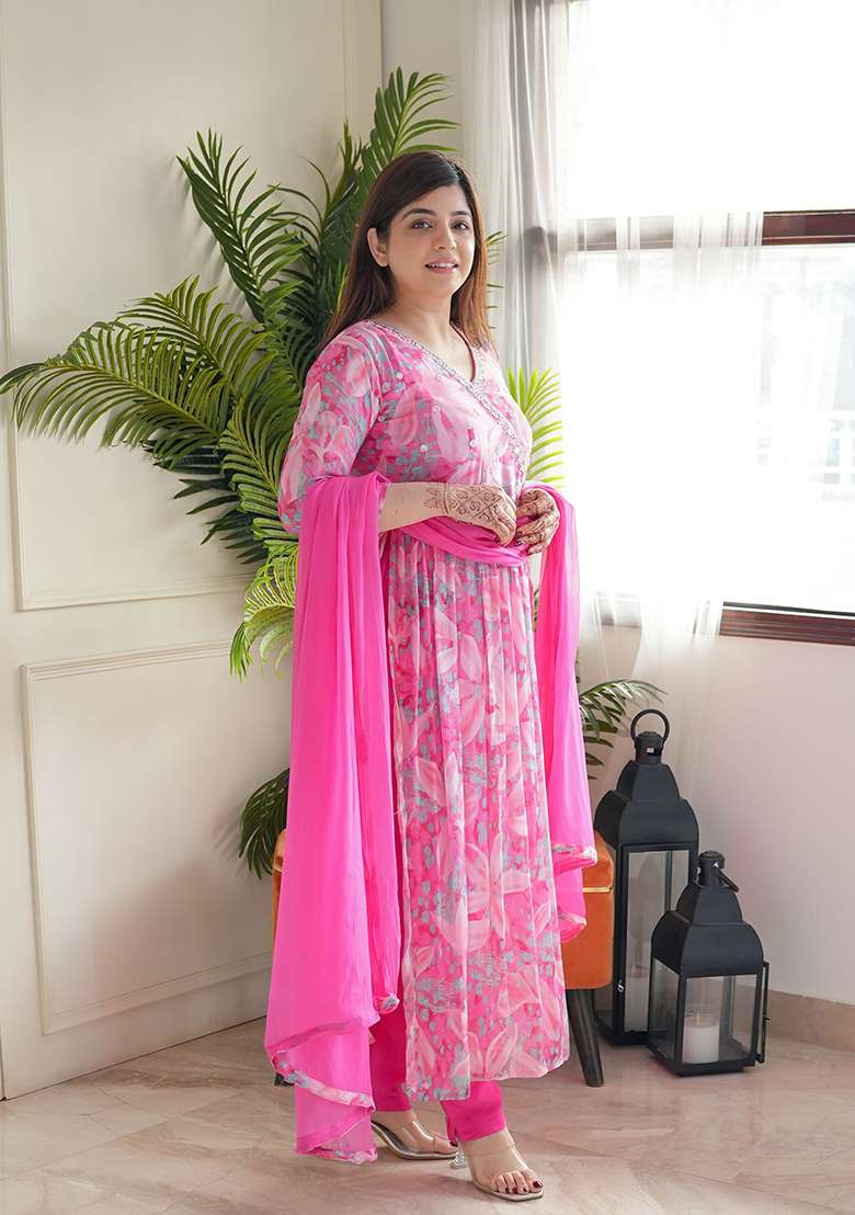 Pink Floral Print Georgette Anarkali Set - Indya