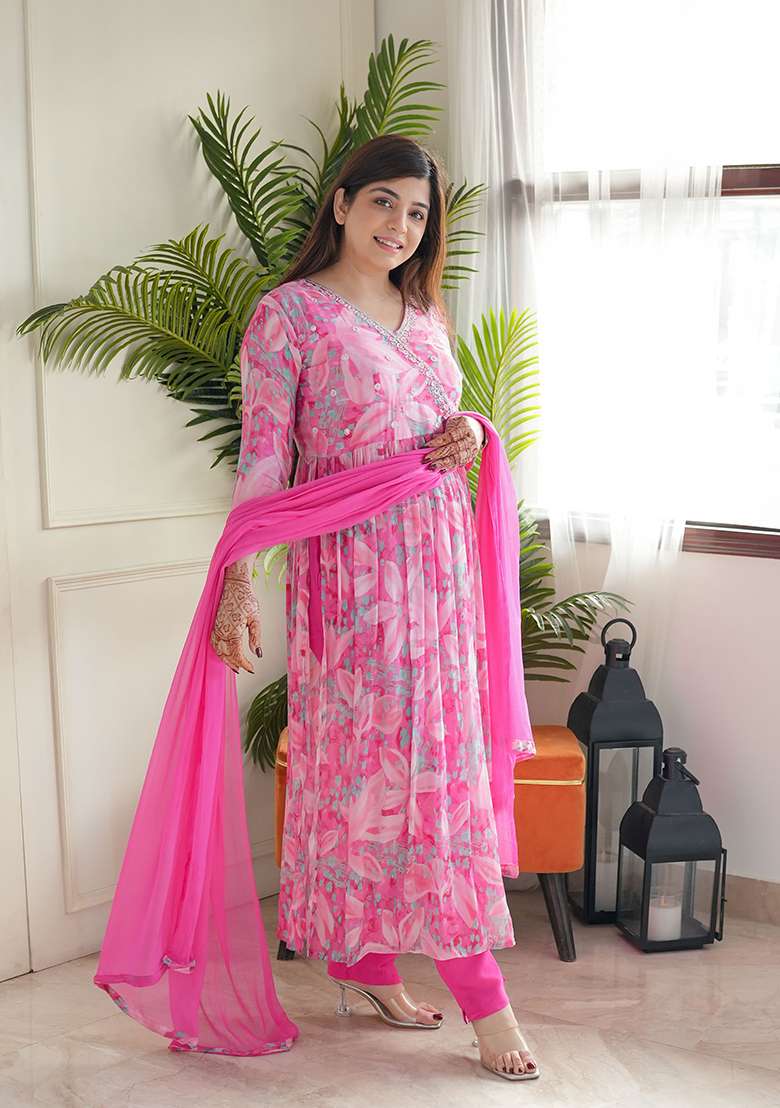 Pink Floral Print Georgette Anarkali Set - Indya