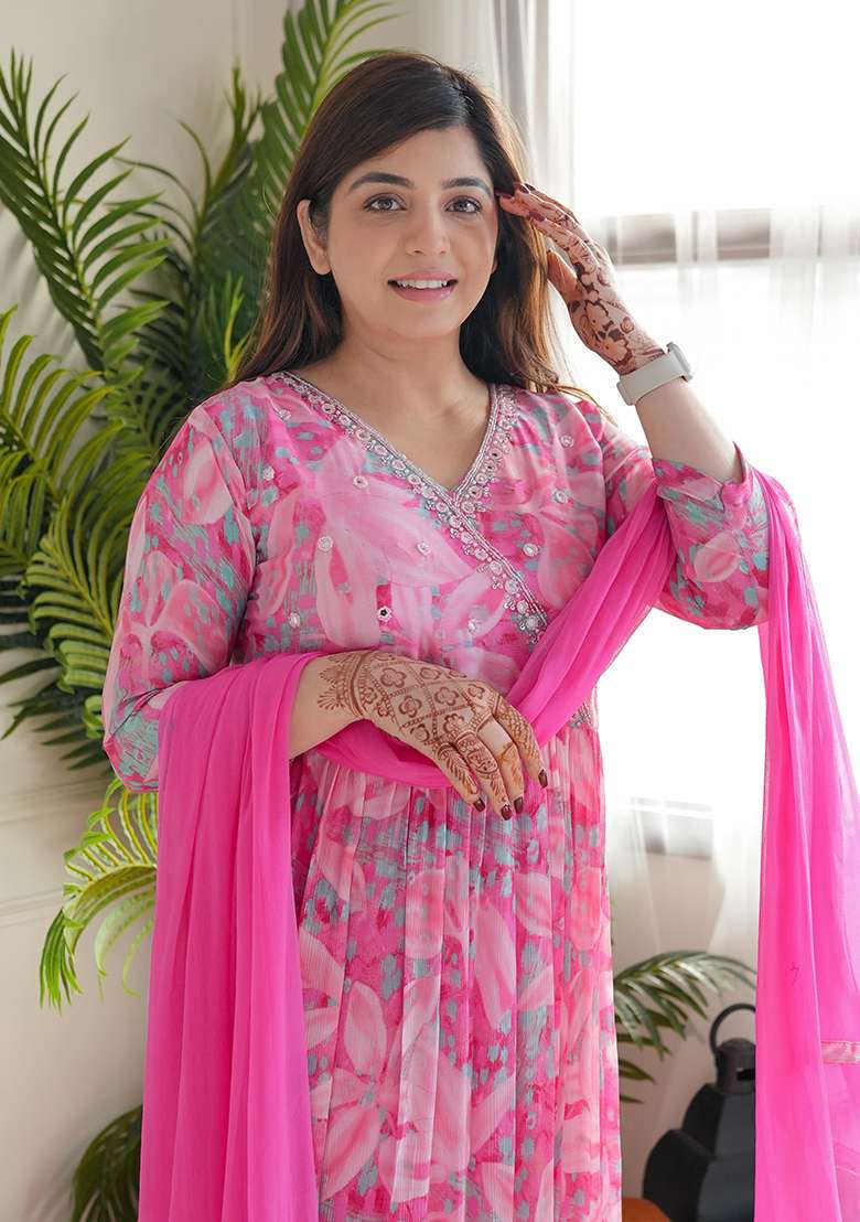 Pink Floral Print Georgette Anarkali Set - Indya