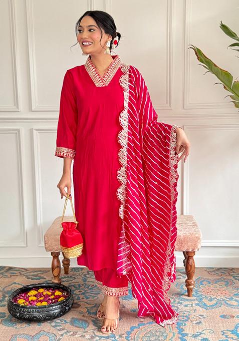 Red Resham Embroidered Chanderi Kurta Set