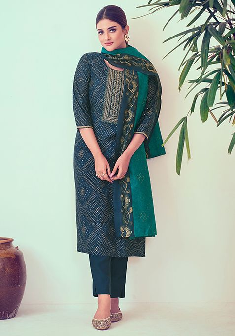 Blue Abstract Print Chanderi Kurta Set