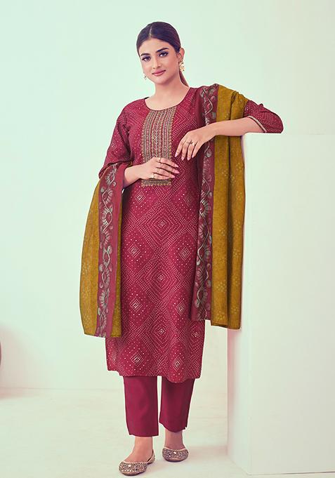 Pink Abstract Print Chanderi Kurta Set