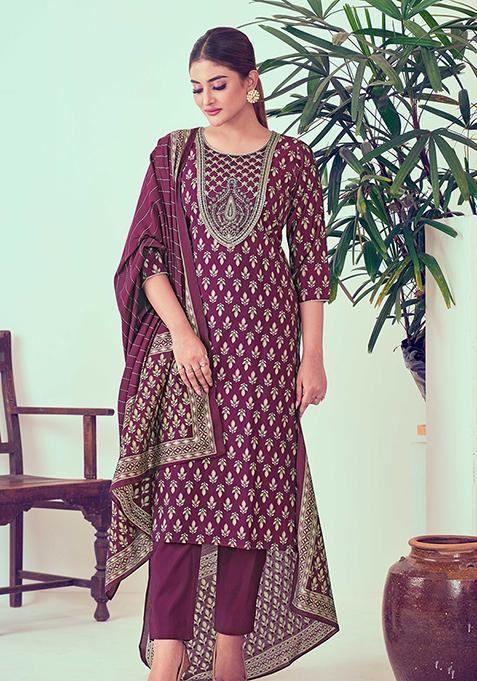 Wine Abstract Print Chanderi Kurta Set