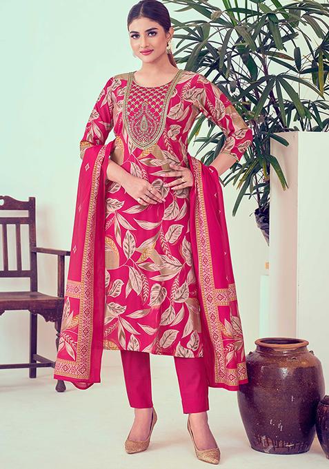 Pink Abstract Print Chanderi Kurta Set