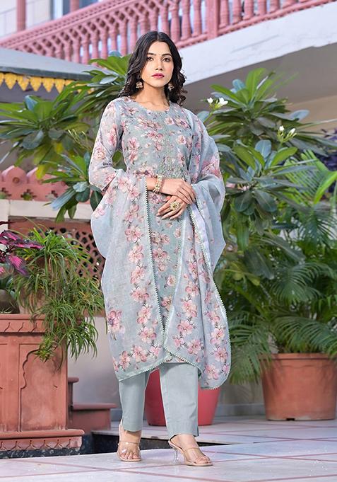 Green Resham Embroidered Linen Kurta Set