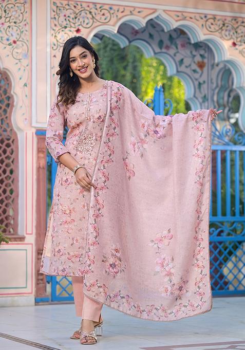 Peach Resham Embroidered Linen Kurta Set