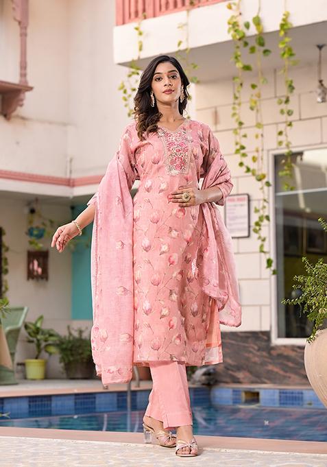 Pink Resham Embroidered Linen Kurta Set