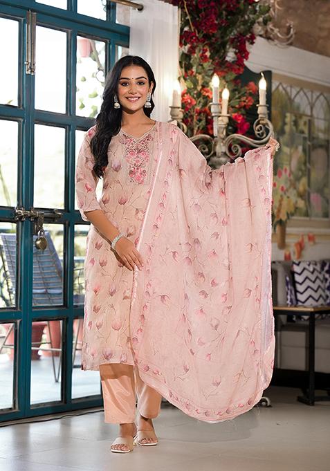 Peach Resham Embroidered Linen Kurta Set