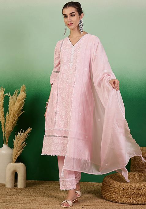 Pink Resham Embroidered Cotton Kurta Set