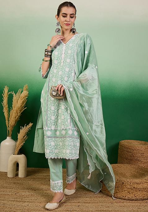 Sea Green Resham Embroidered Cotton Kurta Set