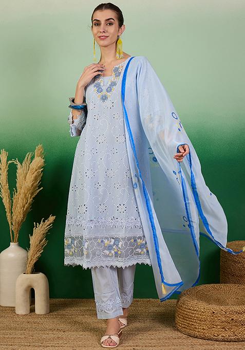 Blue Resham Embroidered Cotton Kurta Set