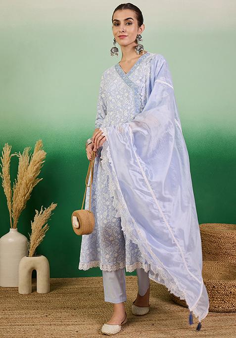 Light Purple Resham Embroidered Cotton Kurta Set