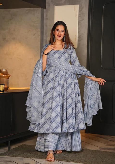 Grey Abstract Print Cotton Silk Kurta Set