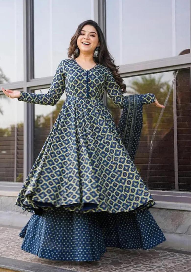 Blue Abstract Print Cotton Silk Kurta Set