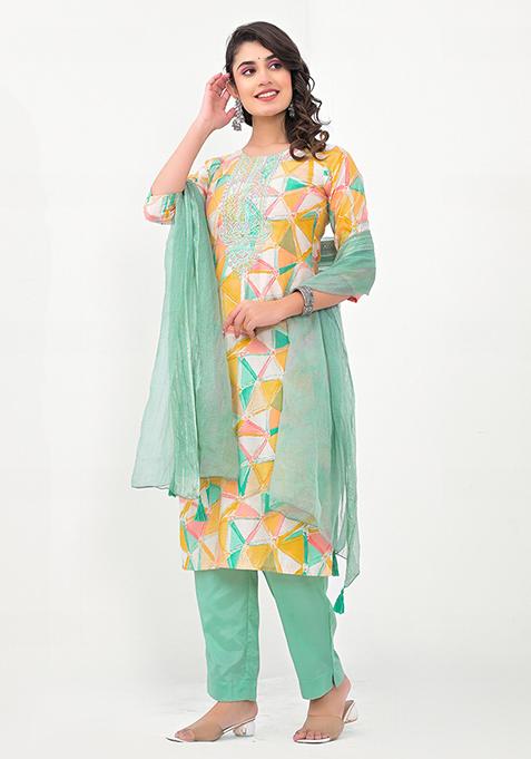 Yellow Abstract Print Cotton Kurta Set