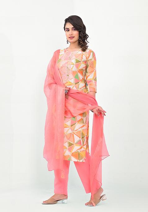 Pink Abstract Print Cotton Kurta Set