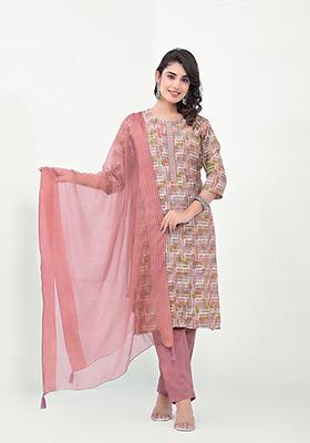 Pink Abstract Print Cotton Kurta Set