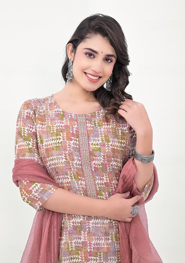 Pink Abstract Print Cotton Kurta Set