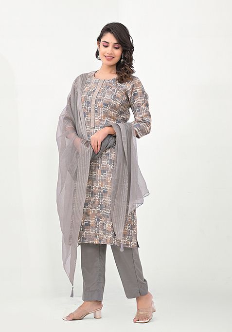 Grey Abstract Print Cotton Kurta Set