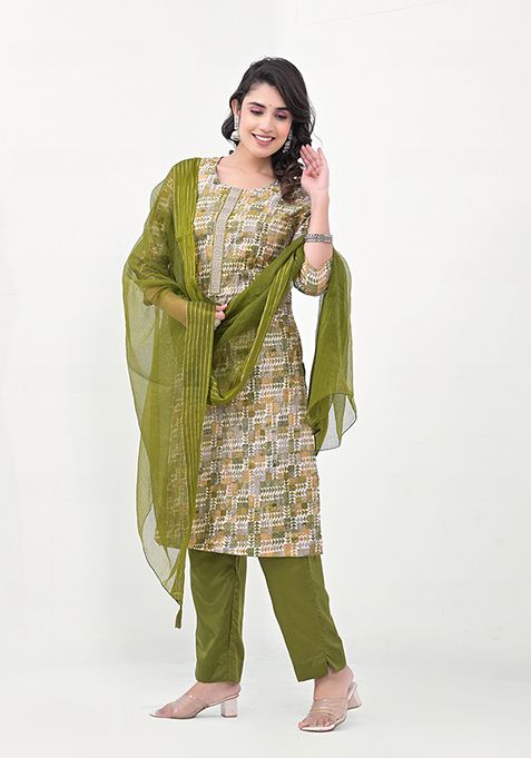 Green Abstract Print Cotton Kurta Set